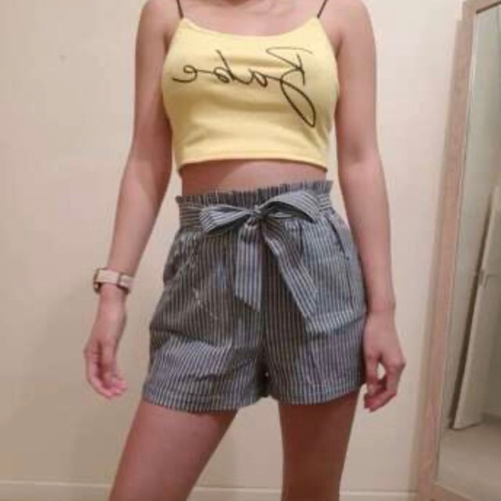 Striped Self Tie Paper Bag Boho Shorts Gray White - Picture 7 of 8